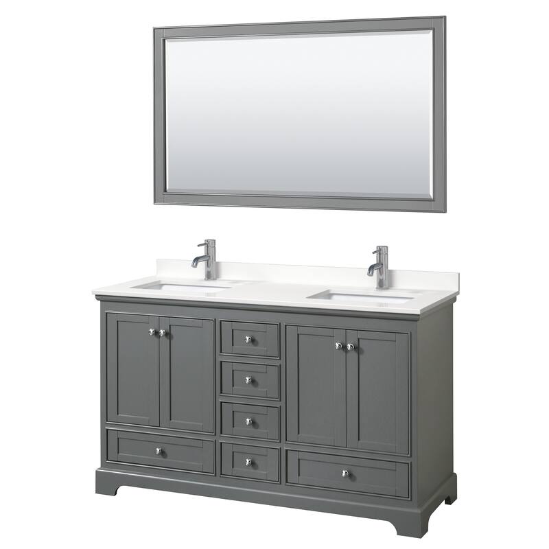 Deborah 60-inch Double Vanity, Quartz Top, 58-inch Mirror - Dark Gray, Chrome Trim, White Quartz Top