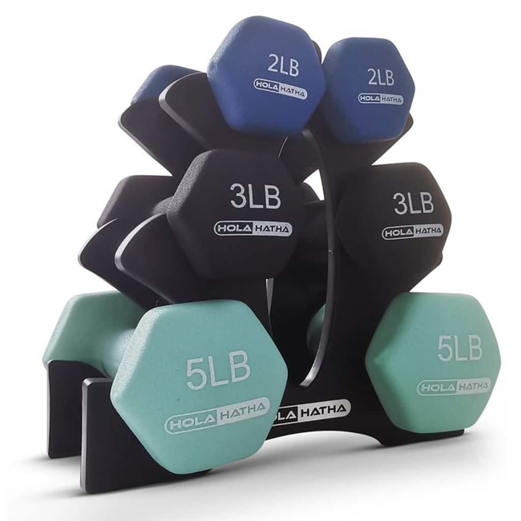 HolaHatha 2, 3, & 5 Pound Neoprene Dumbbell Free Hand Weight Set w/ Rack, Pastel - Black - 20 LB, Set of 6 with Stand: Blue