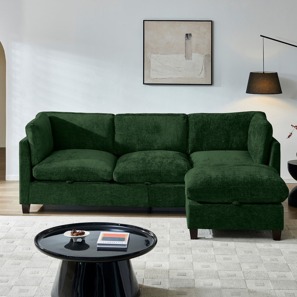 96.5" L-Shaped Chenille Sectional Sofa with Storage and Movable Ottoman