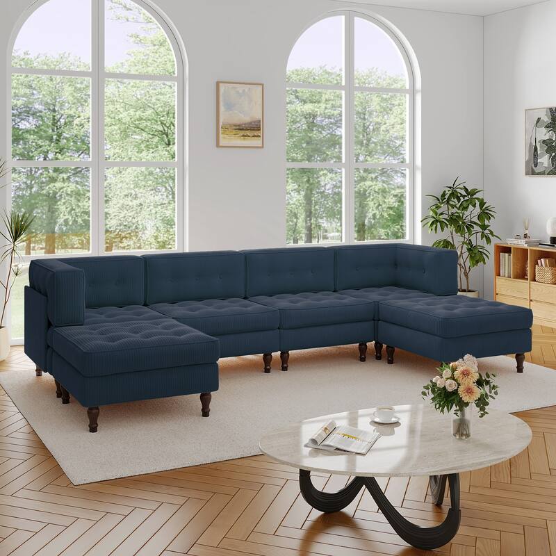 130"W Corduroy Upholstered Modular Sectional Sofa with Storage Ottoman - Navy