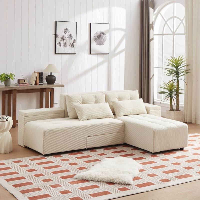 94'' Corduroy 3-in-1 Convertible Sofa with Storage - Beige
