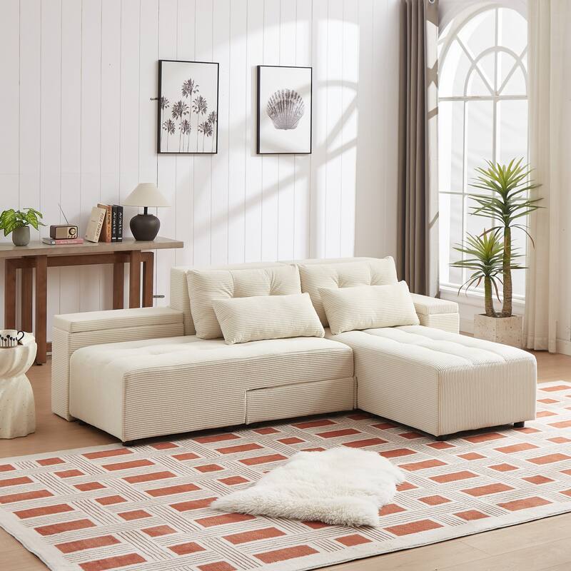 Modular Corduroy Sleeper Sofa & Sectional Set,Beige, 3-in-1 Design - Symmetrical - Beige