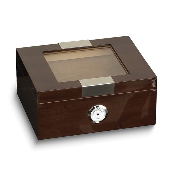 Curata Lacquered Walnut Finish Wood Glass Lid 60-Cigar Humidor Spanish ...