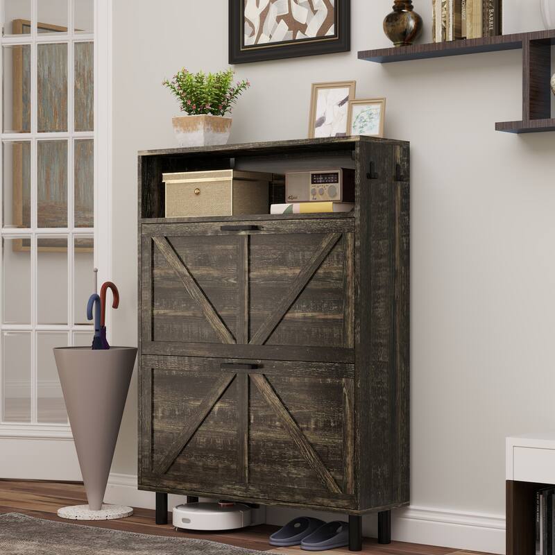 Farmhouse Shoe Storage Cabinet with Barn Door Design