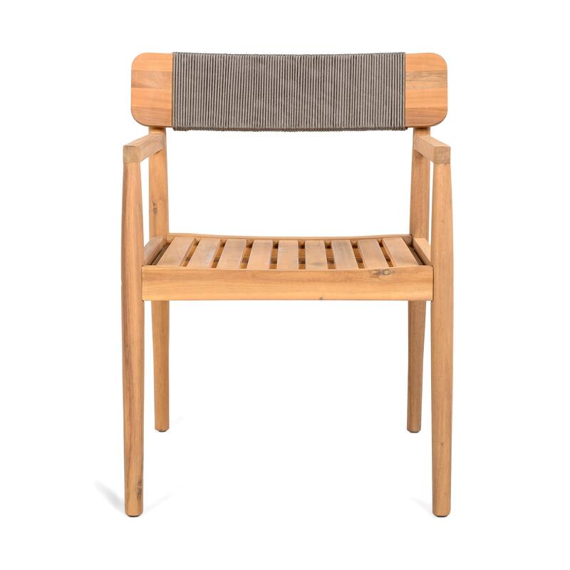 Creative braided acacia wood outdoor dining table and chairs with armrests, suitable teak look & white rope,set of 2