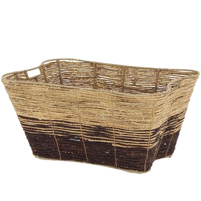 Seagrass Handmade Oversized Color Block Decorative and Functional Storage Basket with Slot Handles - Brown - Roche River Decor