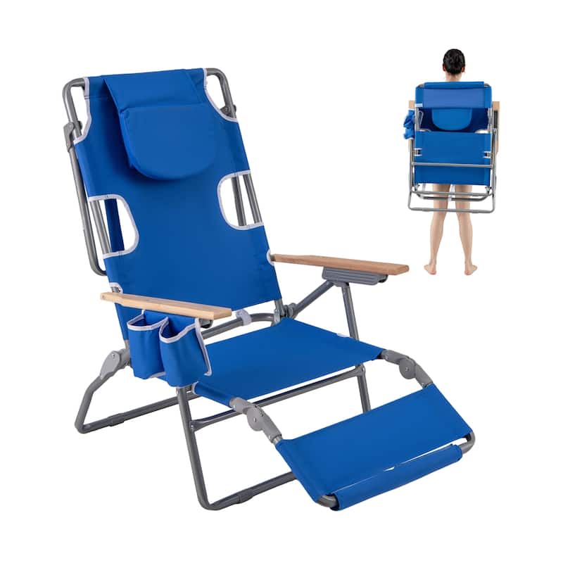 Oxford Cloth Metal Folding Beach Chair with Adjustable Recline and Face Hole - 26" x 40"-53.5" x 38.5"-30.5" - Navy