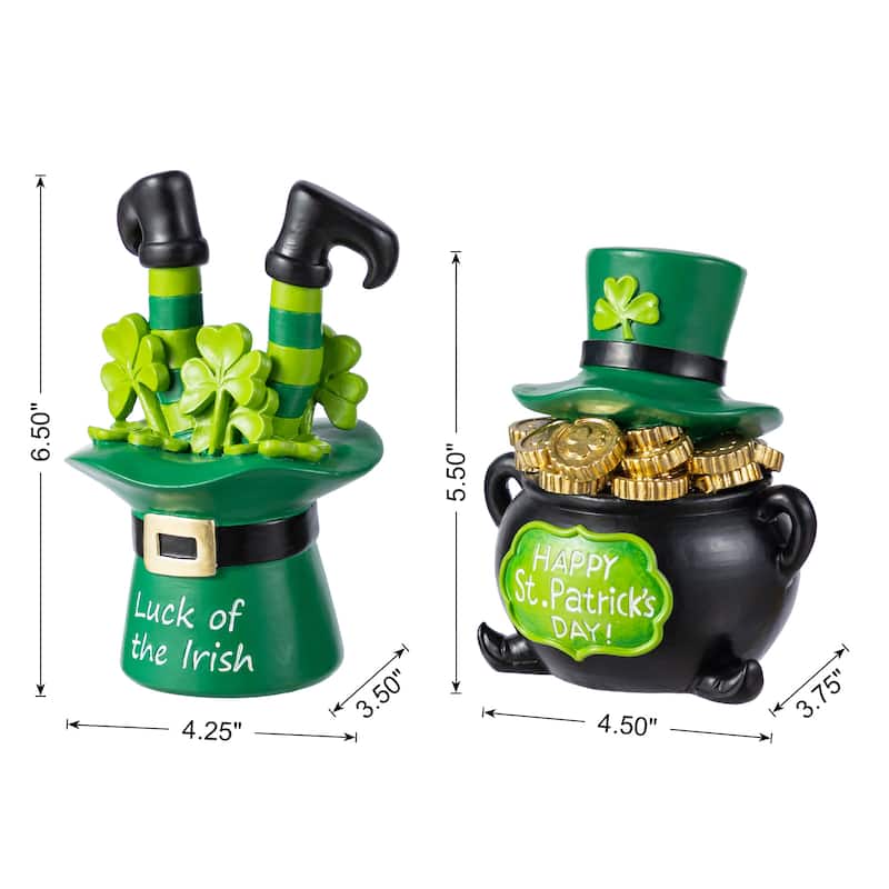 Glitzhome Set of 2 St Patrick's Resin Pot of Gold & Leprechaun Hat Table Decor