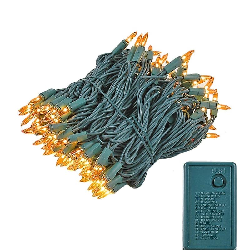 140 Light Chasing Christmas Mini Light Set, Green Wire, 46.5' Long - Orange