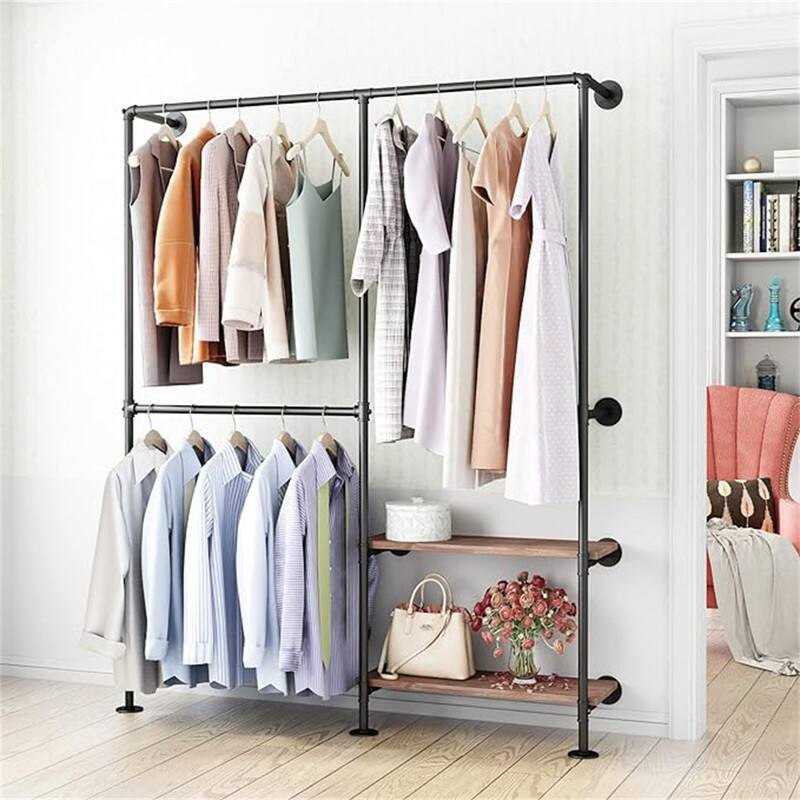 Gold Pipe Clothes Racks with White Shelves - 9.8"D x 63"W x 78.7"H - Black