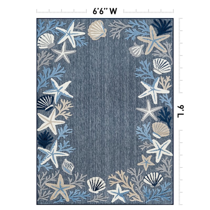 World Rug Gallery Indoor/Outdoor High-Low Textured Area Rug, Coastal Border Easy-Clean Patio Rug