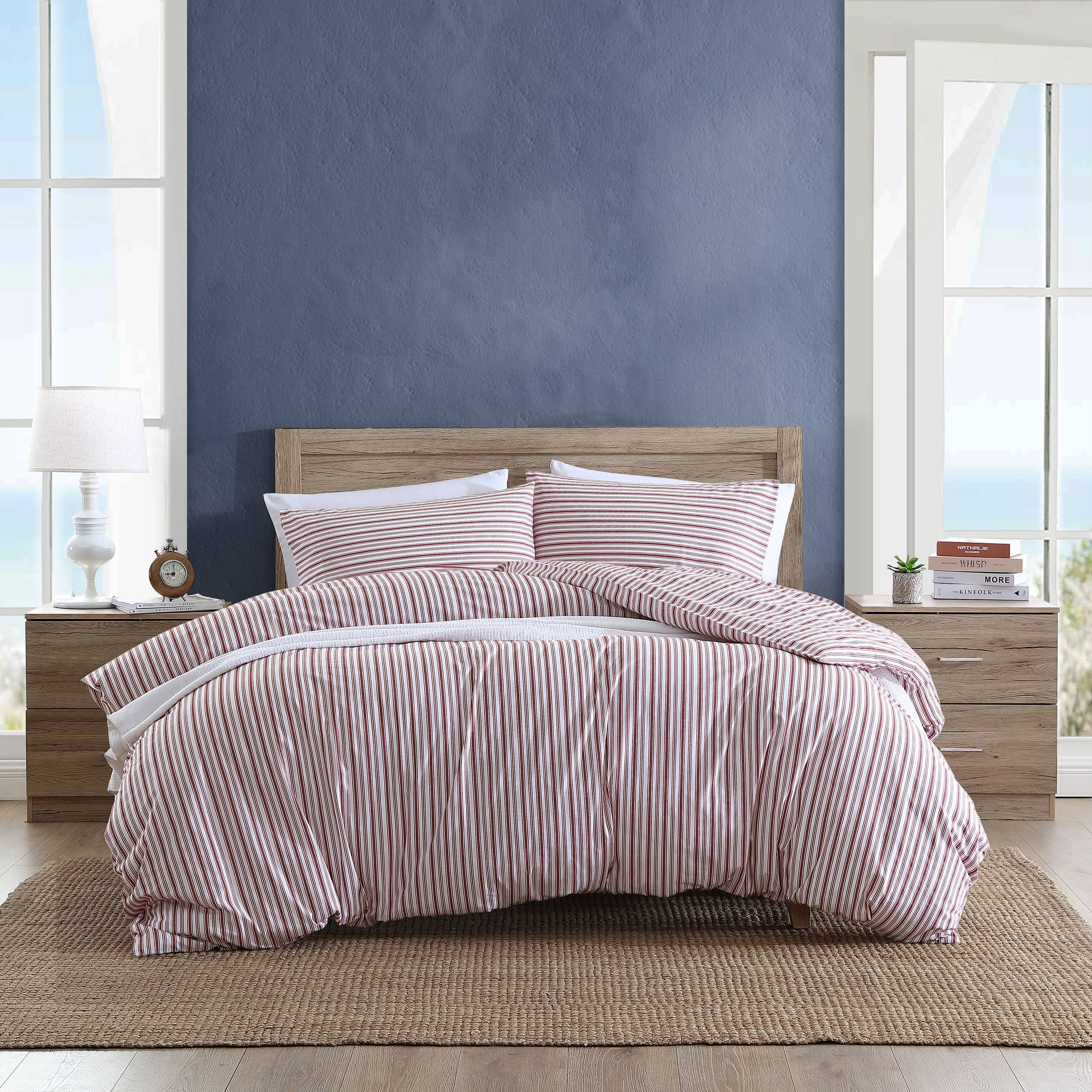 Nautica Coleridge Stripe Red Cotton Percale Duvet Cover