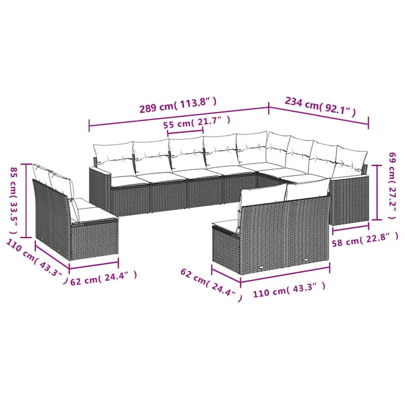 vidaXL Patio Sofa Set with Cushions Outdoor Conversation Furniture Poly Rattan - 24.4 x 24.4 x 27.2 in