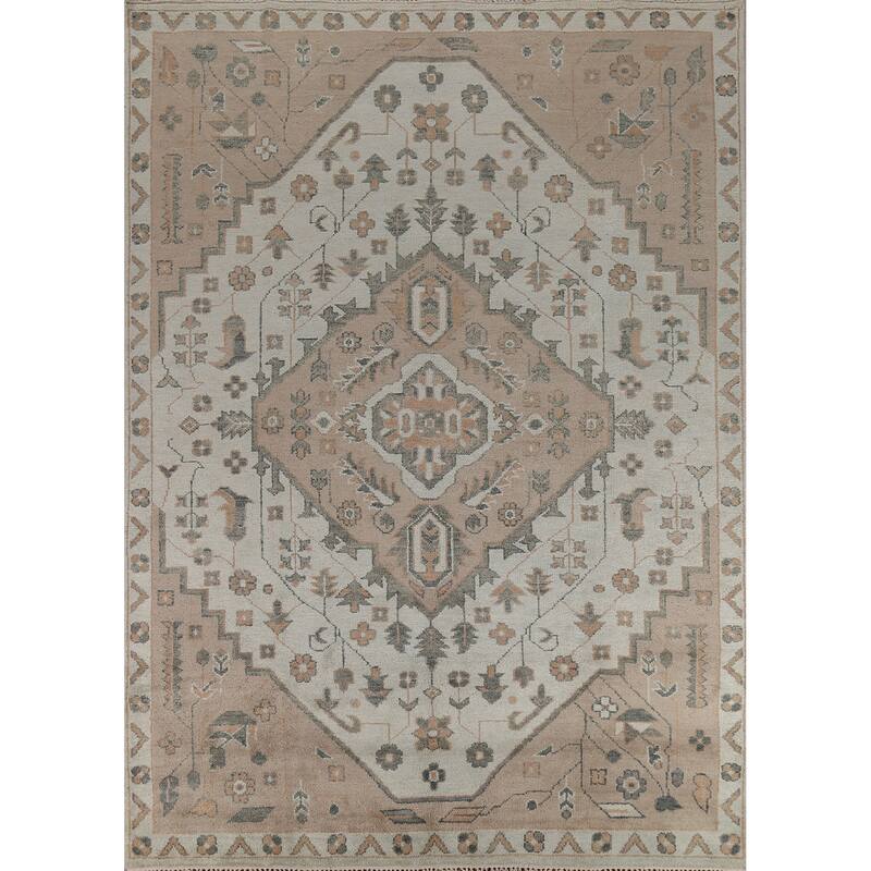 Geometric Heriz Serapi Indian Area Rug Handmade Grey Wool Carpet - 8'11" x 11'10"