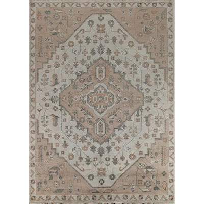 Geometric Heriz Serapi Indian Area Rug Handmade Grey Wool Carpet - 8'11" x 11'10"