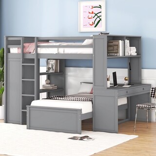 Full over Full Size Loft Bed with a Twin Size Stand-alone Bed, Bunk Bed with Shelves, Desk and Wardrobe, Grey