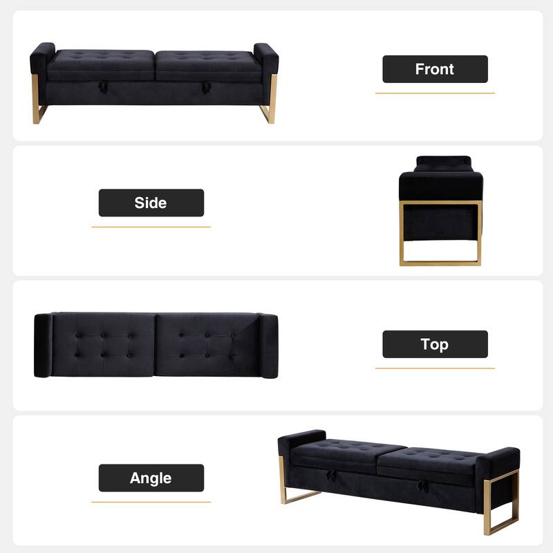 66" Storage Bench King Size End of Bed with Double Lids and Gold Legs