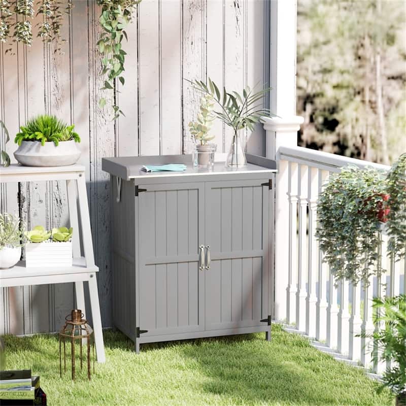 Wooden Outdoor Storage Shed with Stainless Steel Top & Inner Shelf - 29.1" W x 16.9" D x 34.6" H