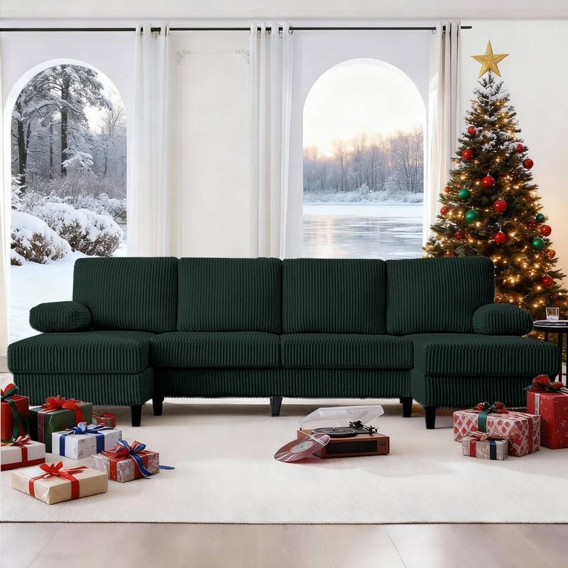 Mixoy W110"U-Shaped Sectional Sofa Couches with Double Chaises and Sleepable Armrests,Corduroy Upholstered 4-Seater Sofa - Green - Symmetrical