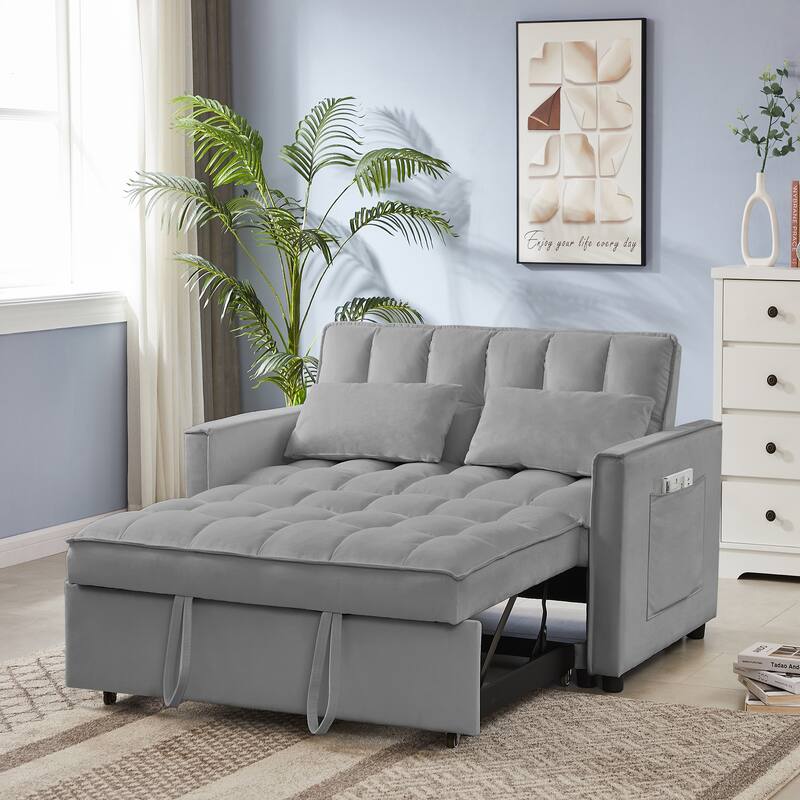 Velvet Loveseat Convertible Pull-out Sleeper Sofa Bed, Tufted Futon Sofa with Adjustable Backrest and 2 Pillows, Pockets - Grey