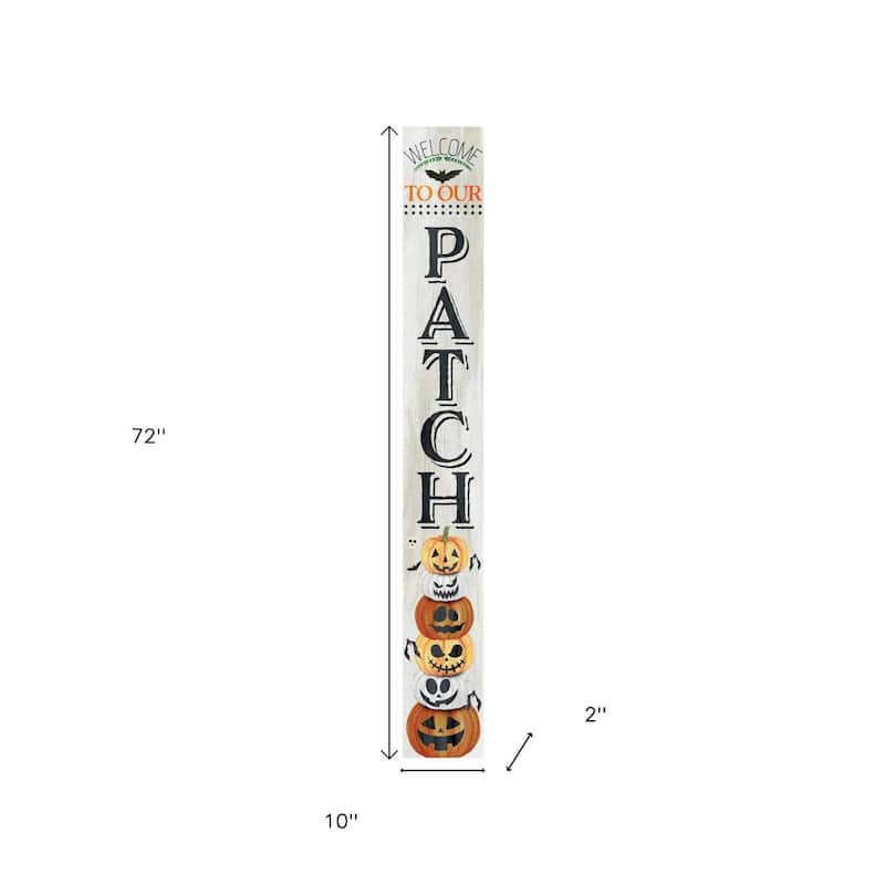 HomeRoots 72" Black Orange And White Solid Wood Welcome Halloween Jack-O-Lantern Porch Sign