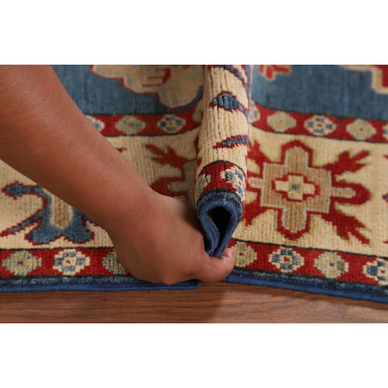 Blue Geometric Kazak Oriental Area Rug Bedroom Handmade Wool Carpet - 4'10" x 6'11"