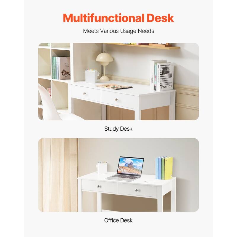Compact White MDF Study Desk for Kids with 2 Drawers for Bedroom or School Use - 39.37” x 18.90” x 29.57”