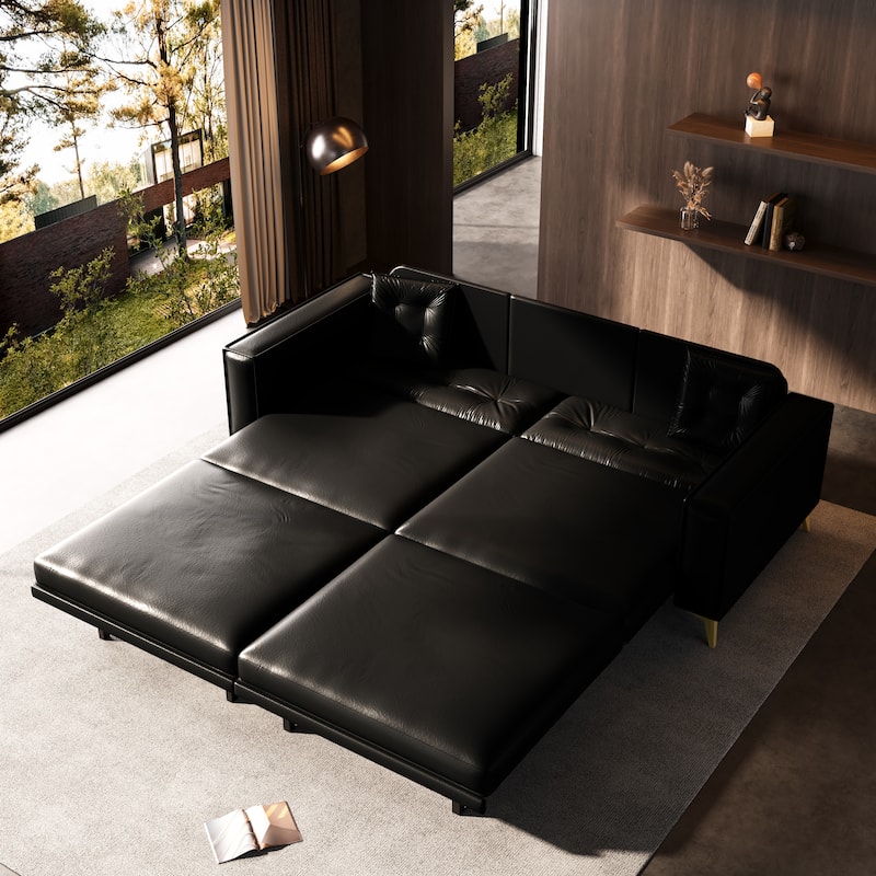 Oversized 3-in-1 Convertible Sofa Bed, 92.1" Faux Leather Square Arms Loveseat, Modern Pull-Out Sleeper Couch with Pillows