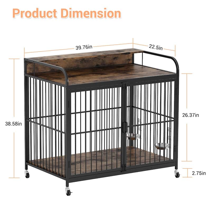 Dog Crate with Wheels, Adjustable Feeder, Storage Shelf, Table Top
