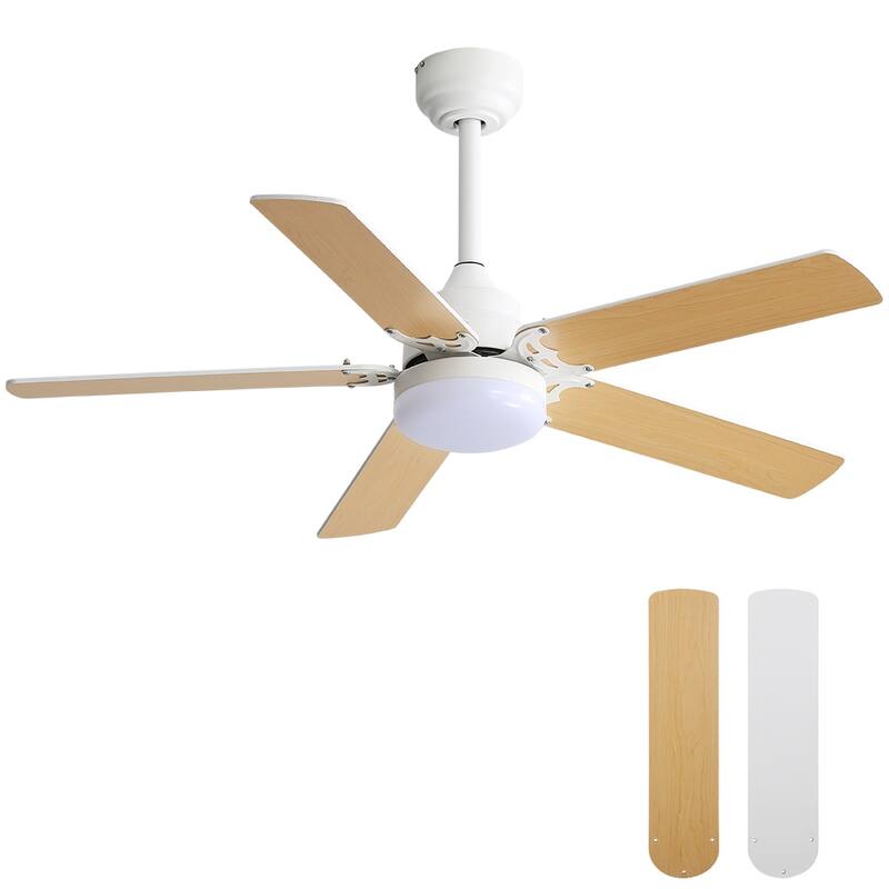 42" Plywood Ceiling Fan with Dimmable LED Light Kit and Remote, Downrod and Flush Mount - 42 Inches - White with wood grain blades