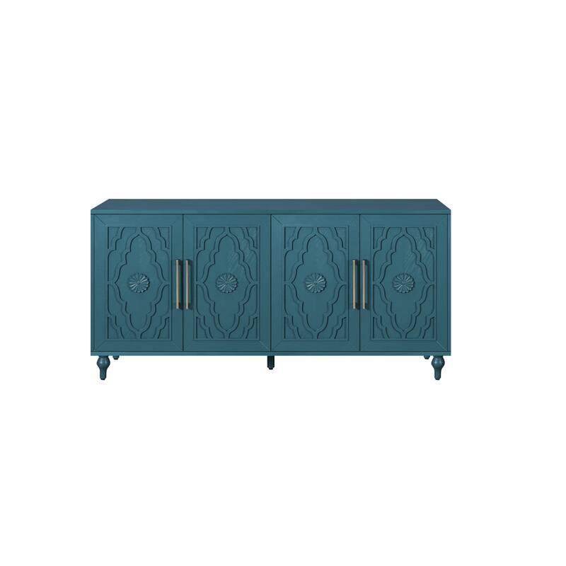 Roomfitters 63" Navy Blue Storage Cabinet, Large 4-Door Sideboard with Carved Flower Detail & Metal Handles