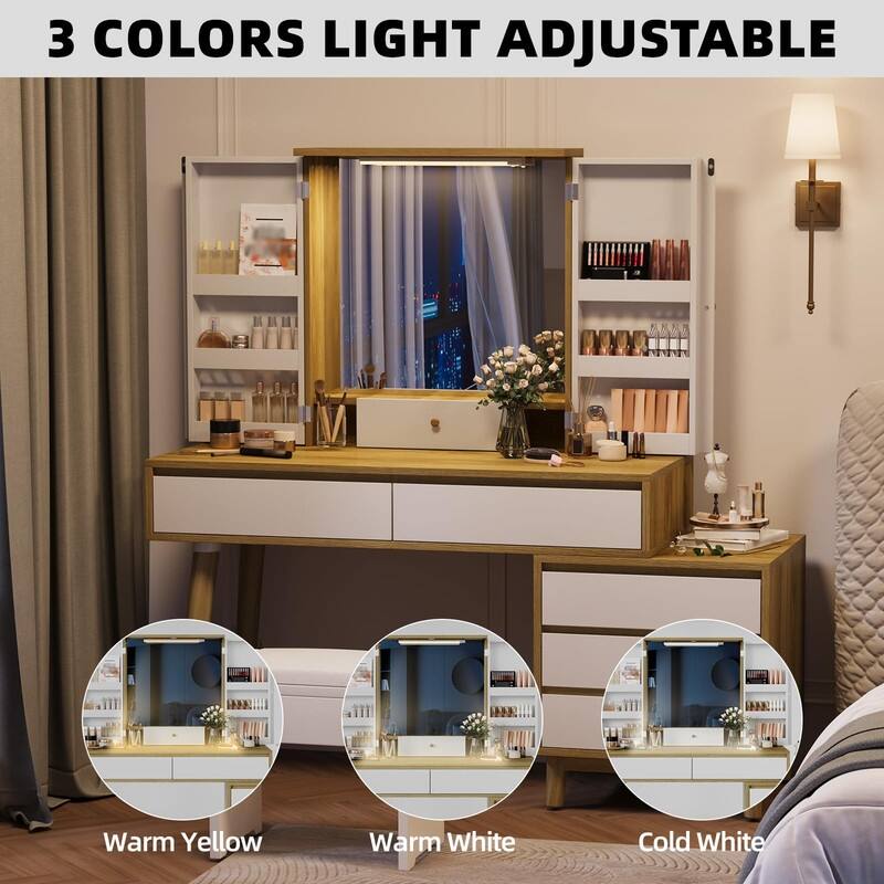 Makeup Vanity with Mirror and Rechargeable LED Light, 6 Drawers & Storage Cabinet