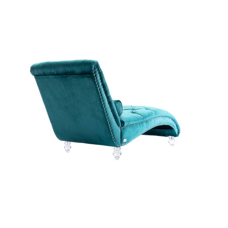 Velvet Chaise Lounge Chair with Toss Pillow,Tufted Button Lounge Chair with Acrylic Legs,Teal