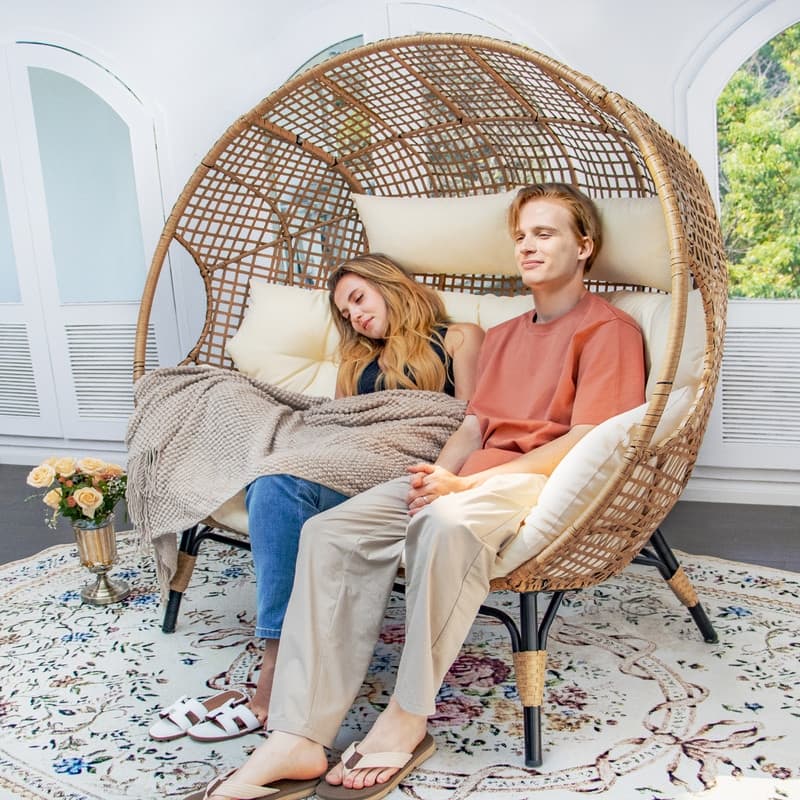 FINCATI 2-Person Indoor/Outdoor Wicker Egg Chair Loveseat, 57.1-in Wide, 6.5-in Cushion, 680-lb Capacity