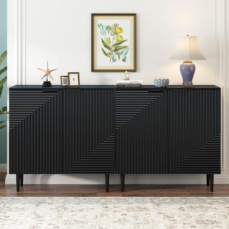 Roomfitters Set of 2 Modern Side Cabinets with Geometric Doors, Adjustable Shelves, Stylish Storage or TV Stand, Black