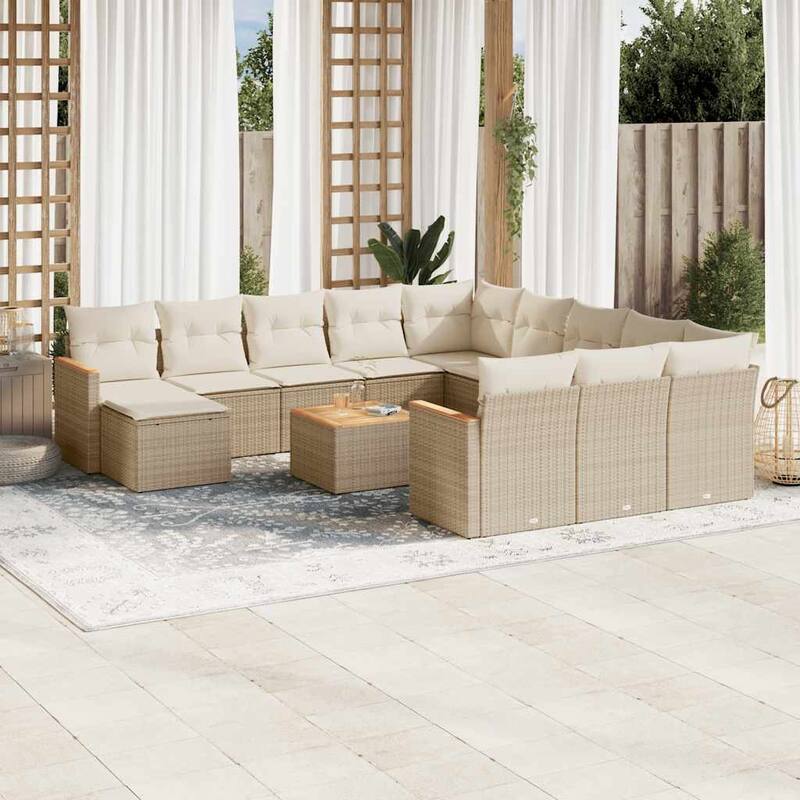 vidaXL Patio Sofa Set with Cushions Outdoor Conversation Furniture Poly Rattan - 113.8 x 70.5 x 27.2 in - Beige with table
