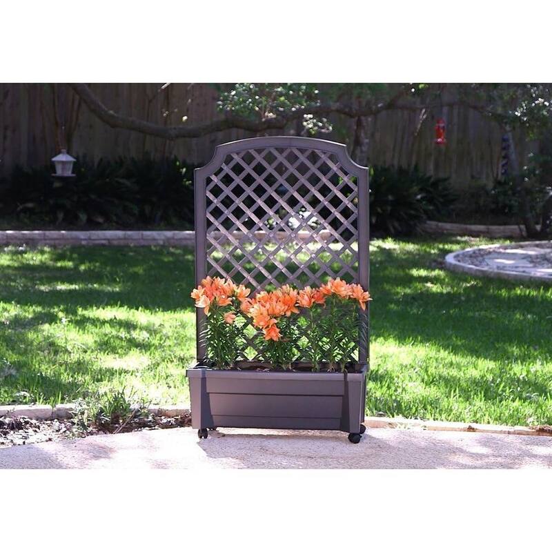 Grey Plastic Self-Watering Garden Planter with Trellis and Wheels Outdoor - 31 W x 13.50 D x 53 H inches