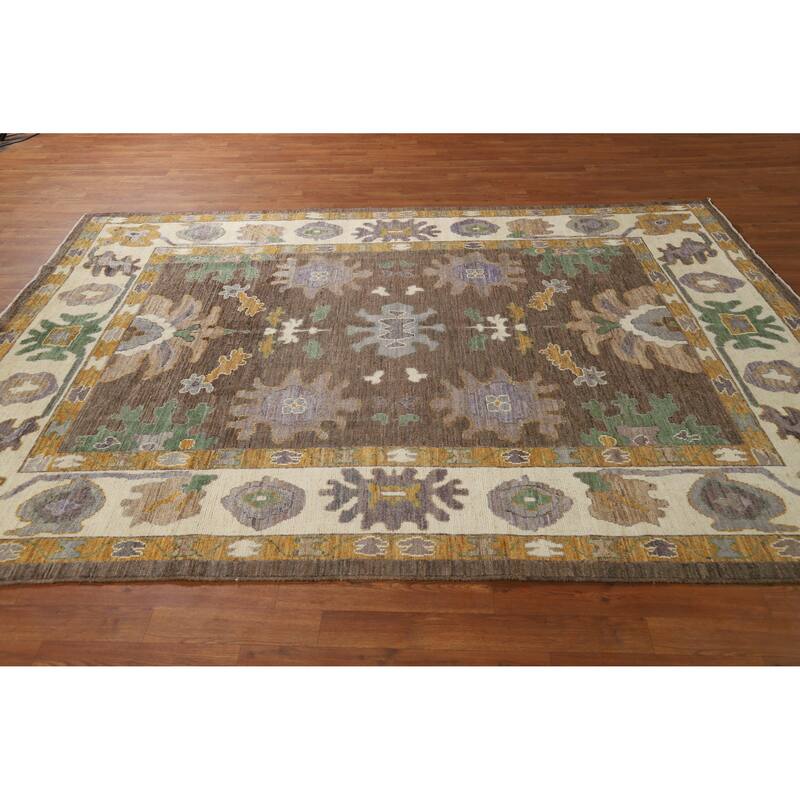 Hand Knotted Oriental 100% Wool Carpet Transitional All-Over Brown Oushak Area Rug - 8' 9'' X 6' 4''