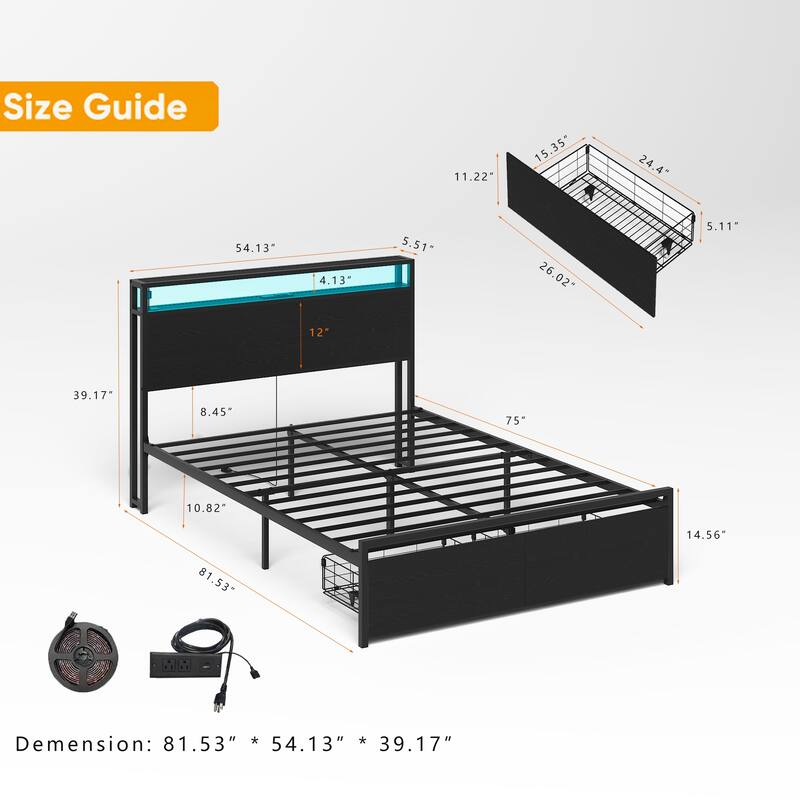 Full Size Bed Frame with Storage Headboard and 2 Drawers,LED Lights Bed with Charging Station,No Box Spring Needed