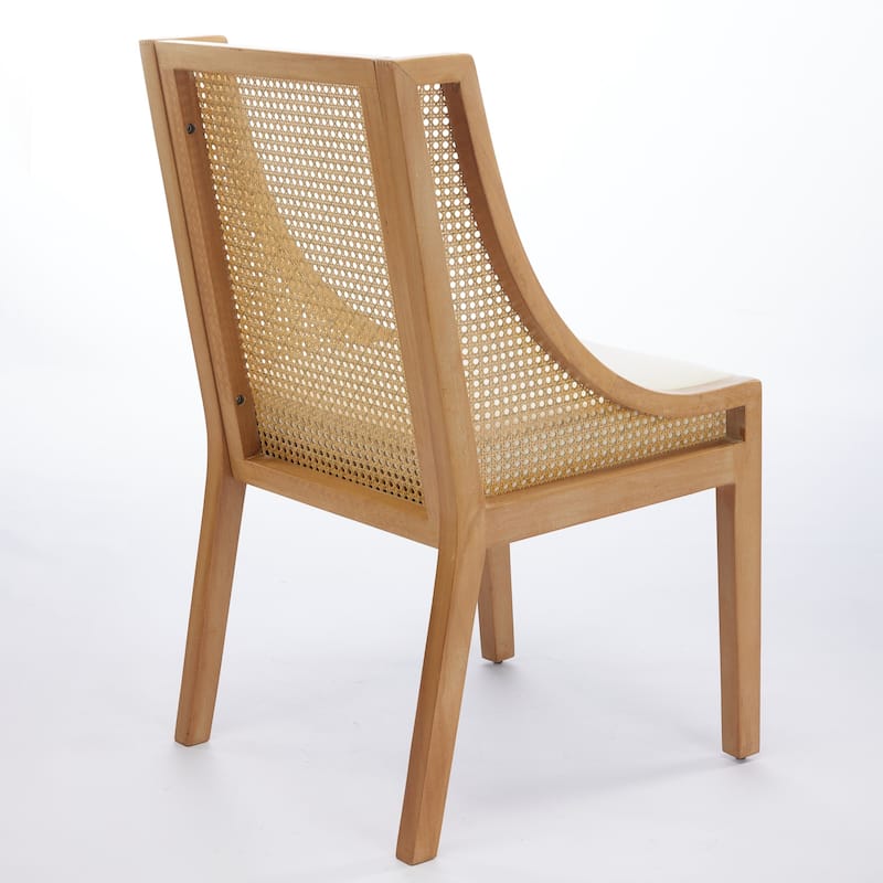 Rattan Dining Chairs, Solid Wood Frame with Decorative Armrests, Linen Upholstered Seat, Wooden Style Side Chairs,Single Pack