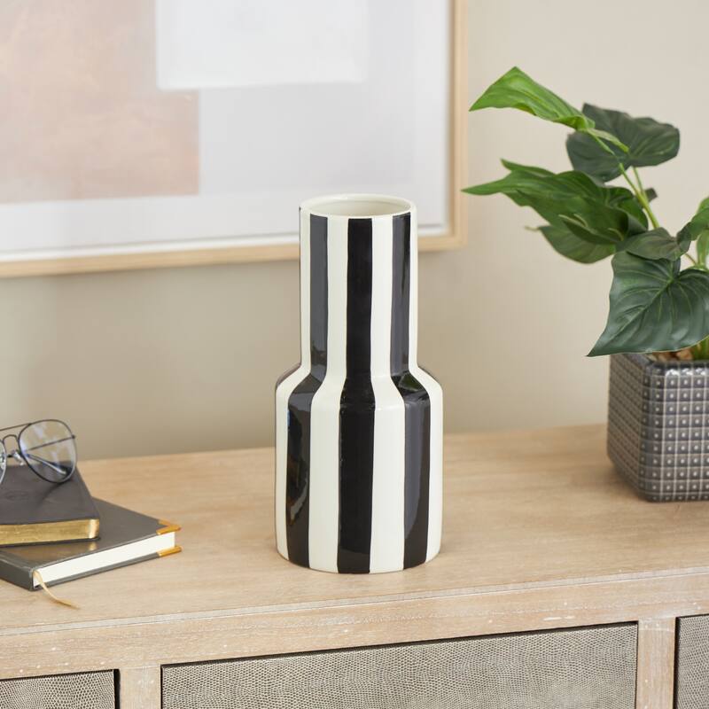 White Ceramic Round Decorative Vase with Blue or Black Vertical Stripes - White/Black