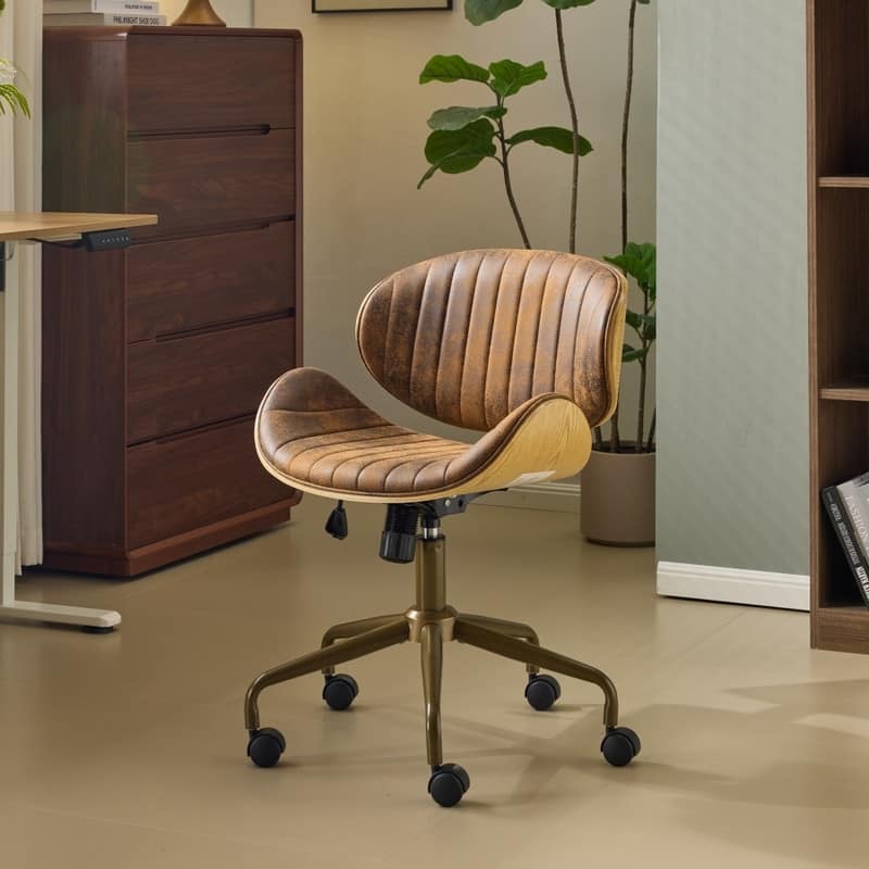 PU Curved Office Chair With Antique Bronze Base - Rustic Brown