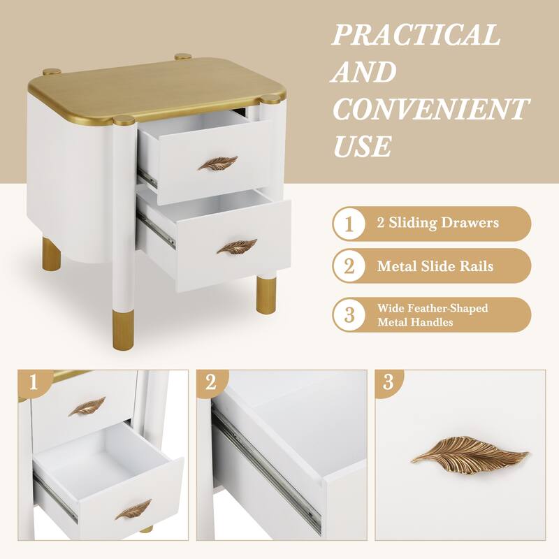Contemporary 2-Drawer Nightstand - Curved Profile + Metal Feather Handles, Exposed Legs, Easy Assembly (White)