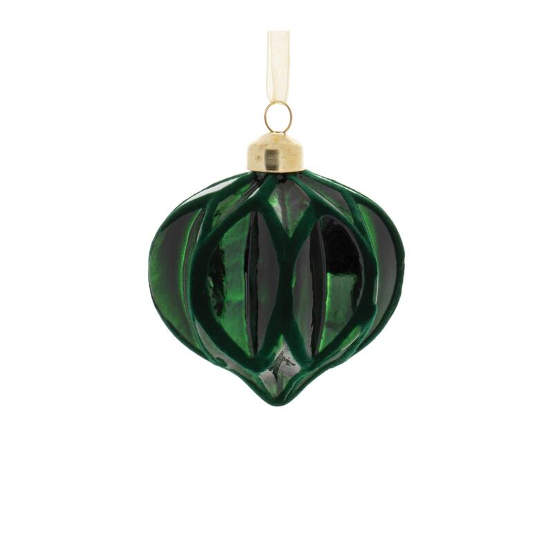 Green Velvet Glass Ribbed Ornaments Set of 12 Ball Onion Oblong Decor - 3” x 3” x 3.5” (L x W x H)
