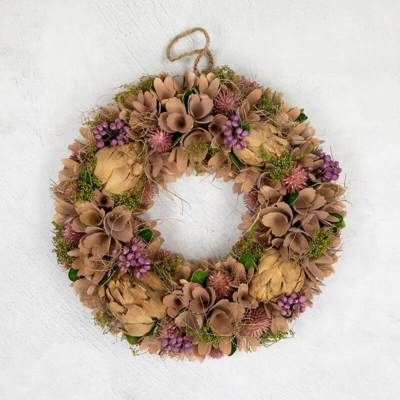 12" Purple Beige Wooden Floral Spring Wreath With Preserved Artichoke