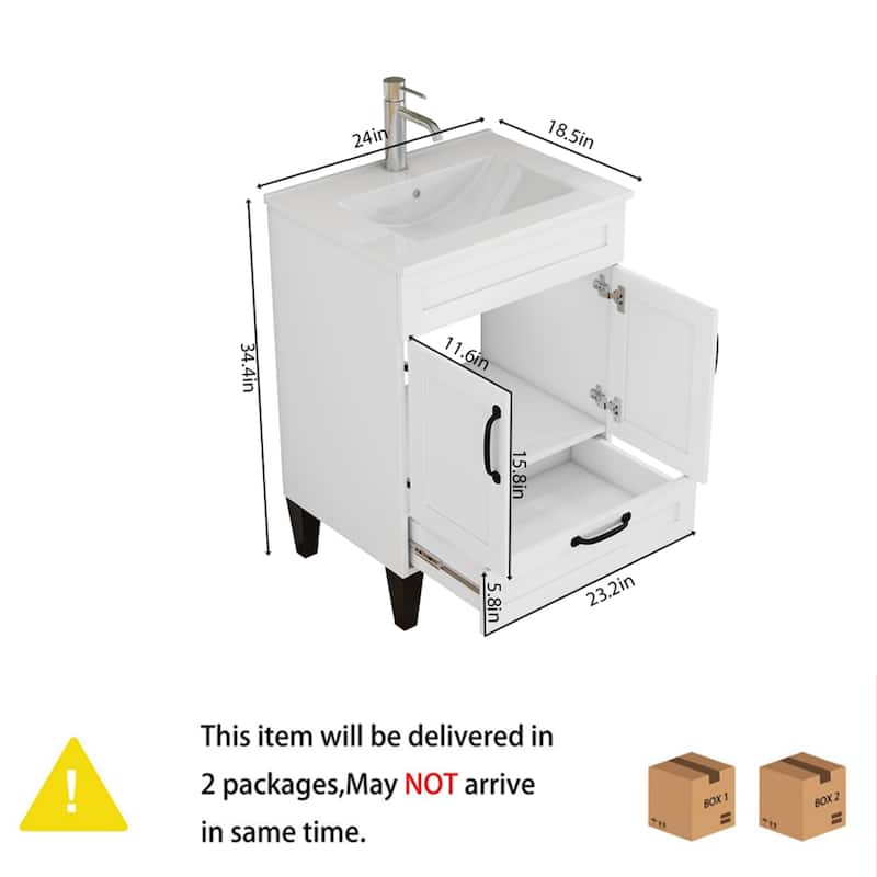 24" Bathroom Vanity Cabinet with 2 Doors and Drawers, Soft-Close Hinges, Black Metal Handles and Feet