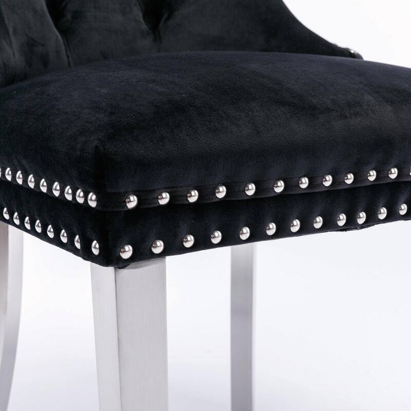 Tufted Velvet Dining Chairs - Solid Wood - Golden Stainless Steel Legs - Nailhead Trim - Set of 2