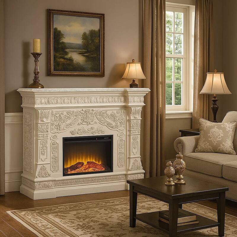 Kin LED Electric Fireplace, Floral Carvings, Antique White, 62 Inch