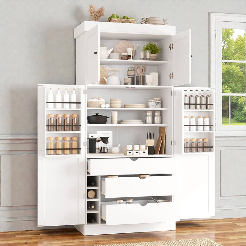 77 Inch Tall Kitchen Pantry Cabinet, Shaker Style Storage with Adjustable Shelves, Drawers, Door Shelves and Wine Racks