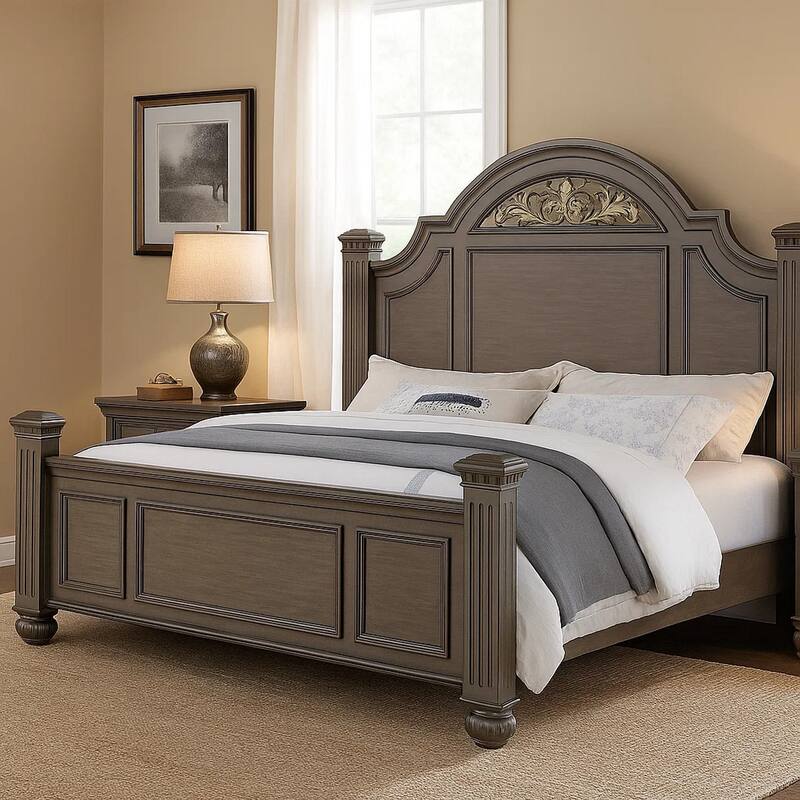 Recus King Bed, Carved Floral Details, Arched Headboard, Gray Wood